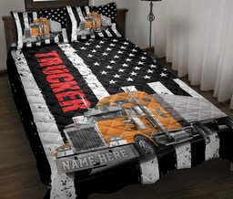 Personalized Trucker Quilt Bedding Set, Orange Truck Trucker Driver US Flag Quilt Blanket With Pillowcases, Custom Name Duvet Cover Set