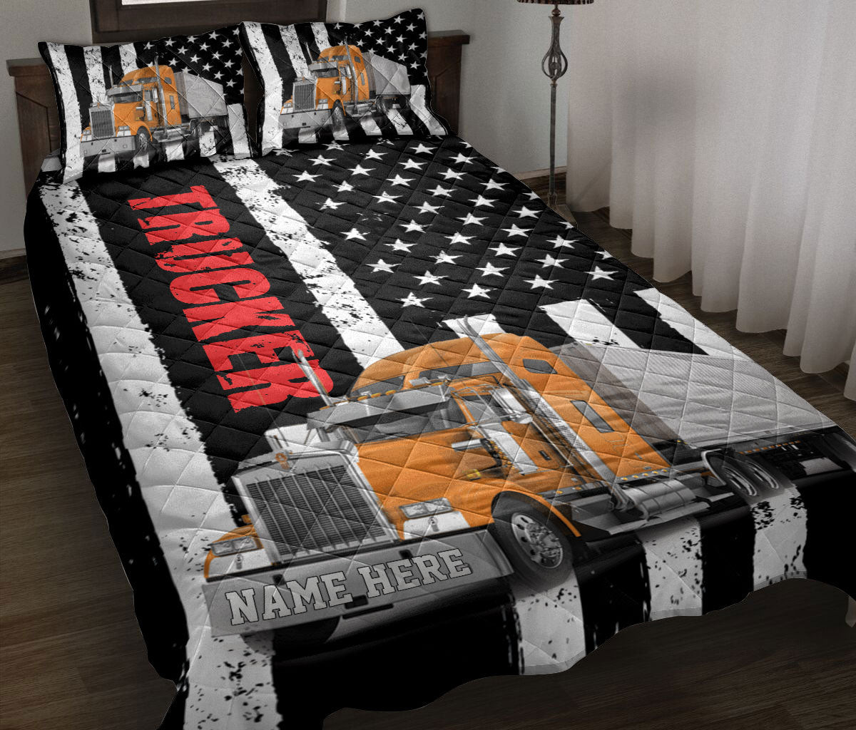 Personalized Trucker Quilt Bedding Set, Orange Truck Trucker Driver US Flag Quilt Blanket With Pillowcases, Custom Name Duvet Cover Set