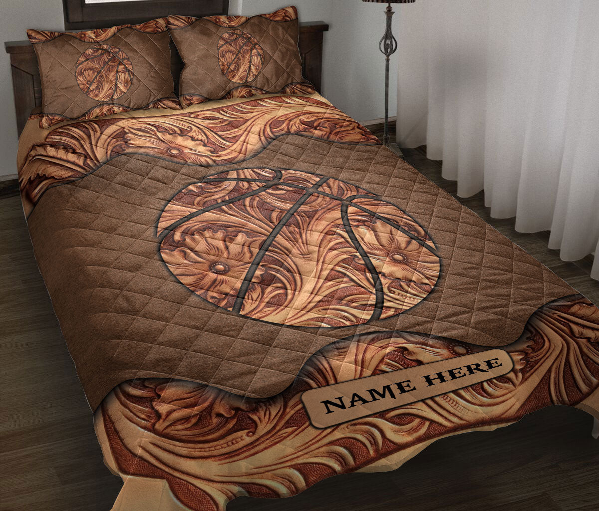 Personalized Basketball Quilt Bedding Set, Wood Basketball Sculptures Quilt Blanket With Pillowcases, Custom Name Duvet Cover Set