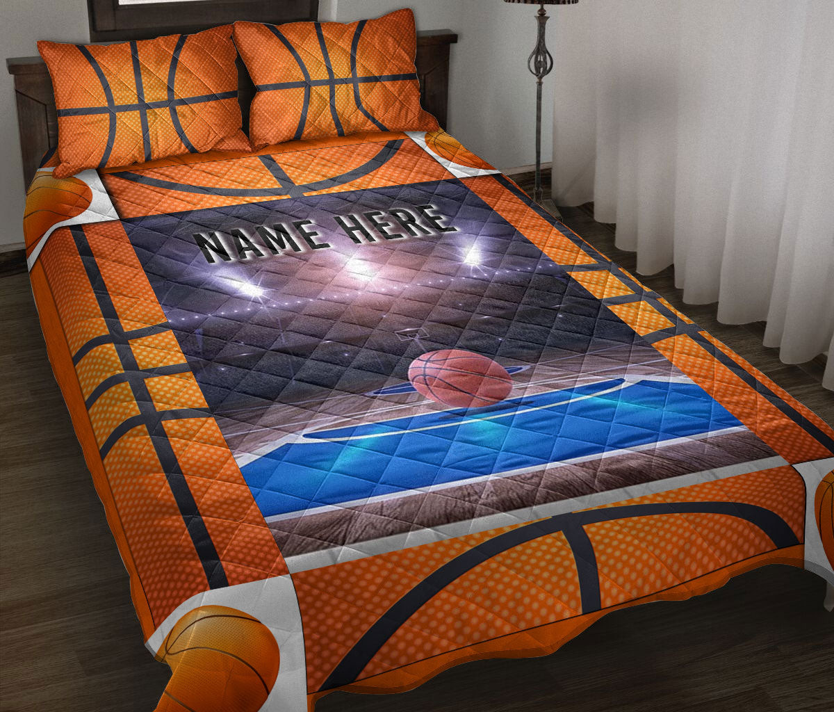 Personalized Basketball Quilt Bedding Set, Basketball Court Ball Quilt Blanket With Pillowcases, Custom Name Duvet Cover Set