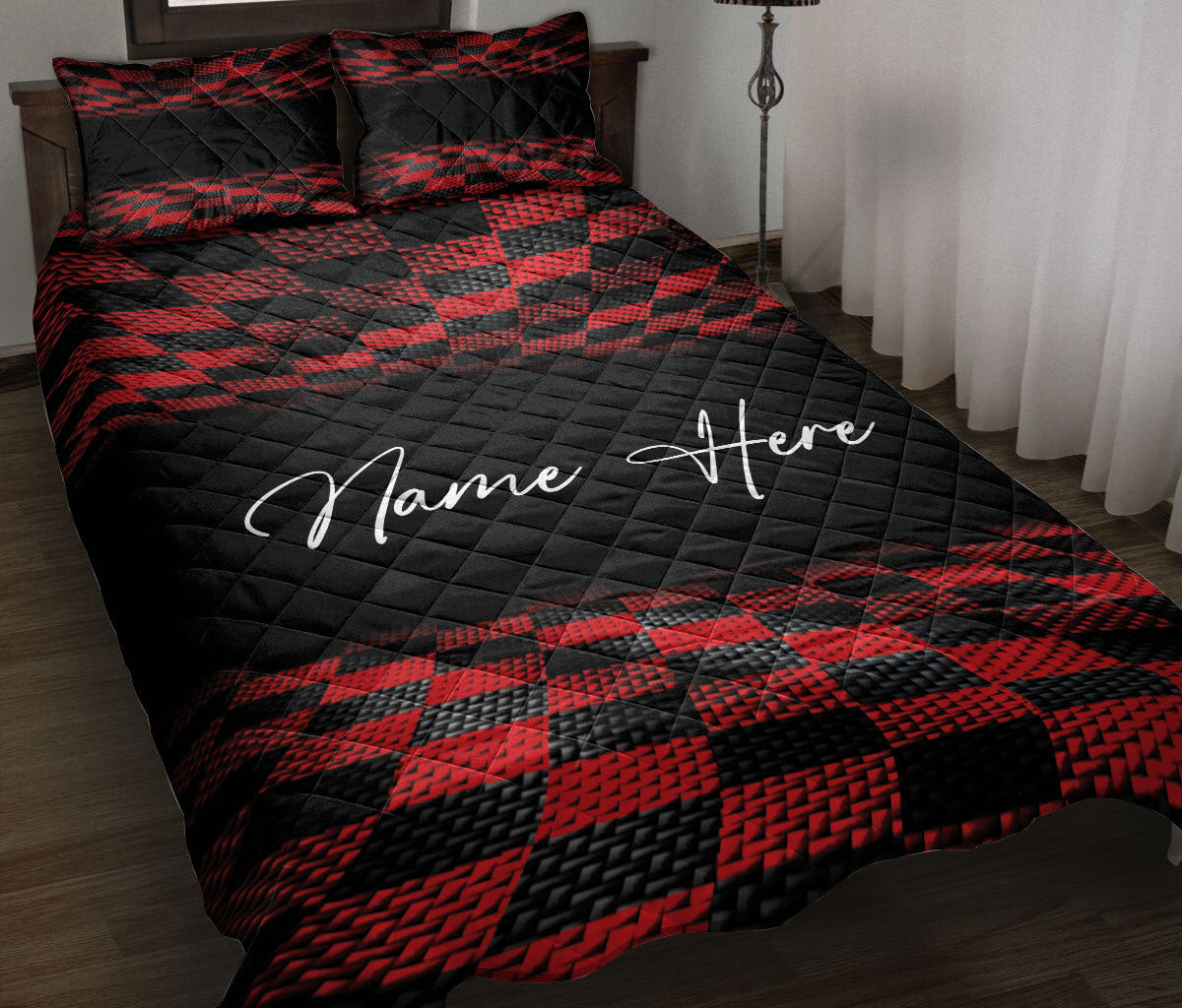 Personalized Racing Quilt Bedding Set, Racing Checkered Red And Black Quilt Blanket With Pillowcases, Custom Name Duvet Cover Set