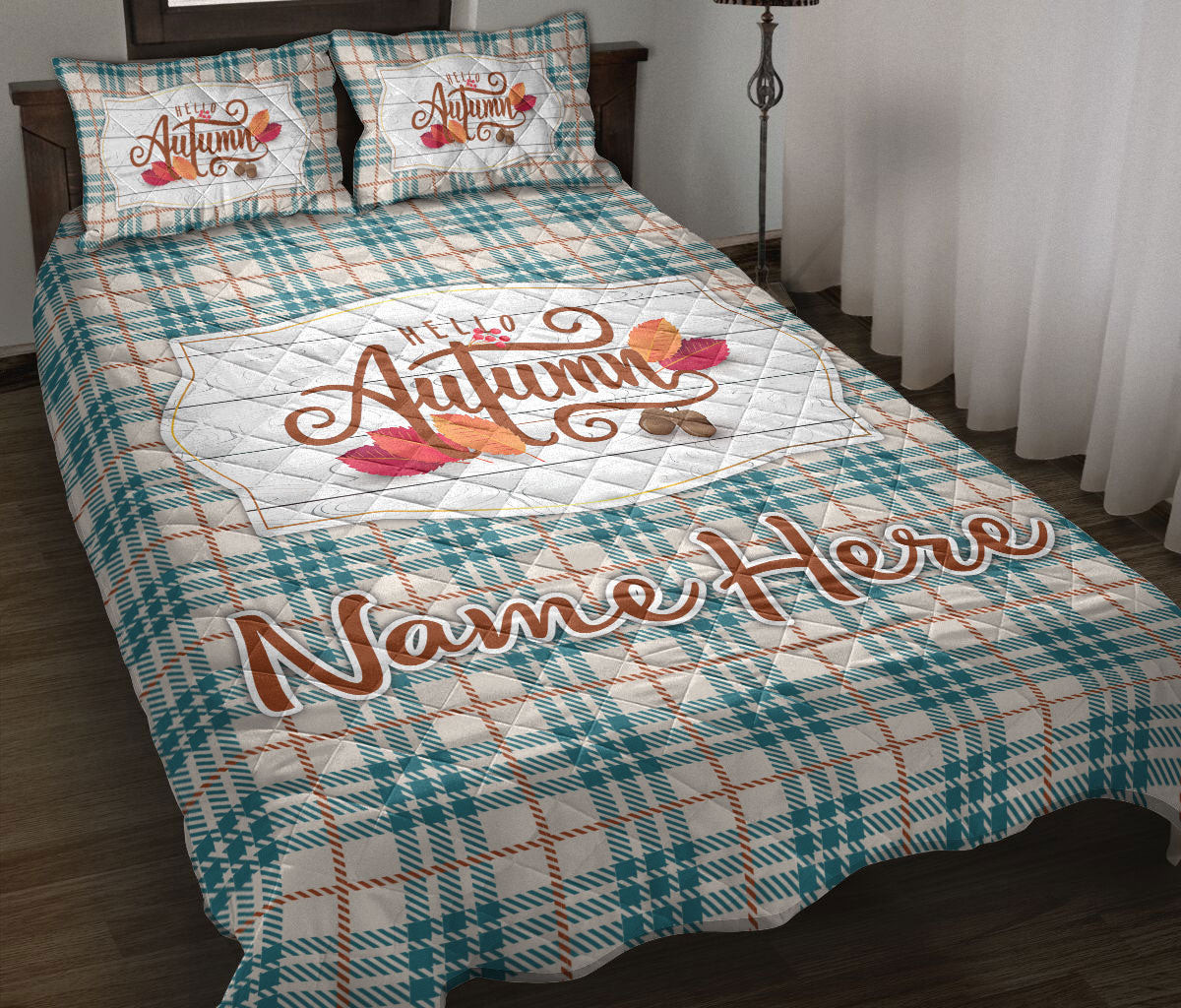 Personalized Quilt Bedding Set, Hello Autumn Orange And Teal Tartan Quilt Blanket With Pillowcases, Custom Name Duvet Cover Set, Autumn Gift