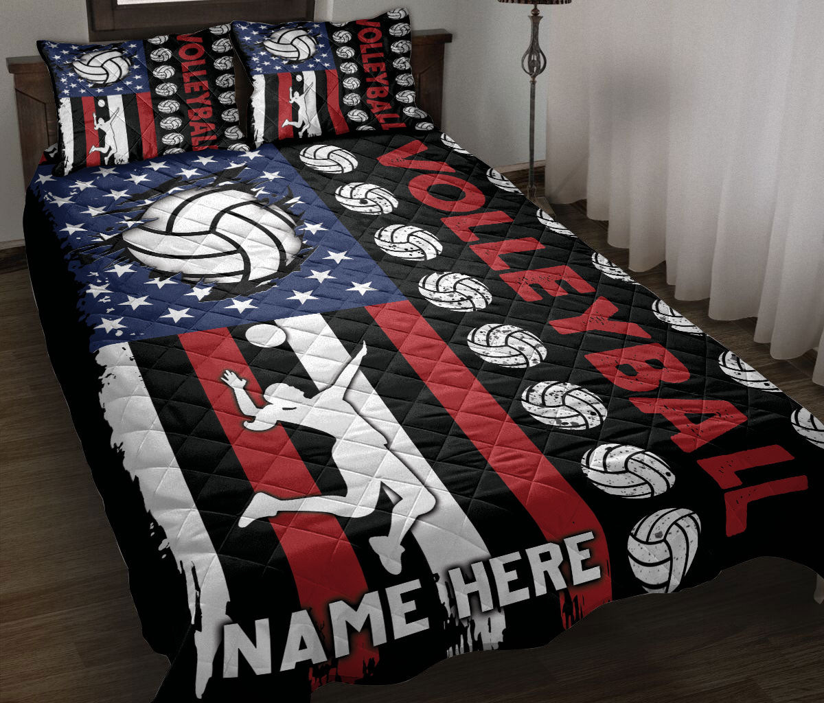 Personalized Volleyball Quilt Bedding Set, Volleyball Player US Flag Usas Quilt Blanket With Pillowcases, Custom Name Duvet Cover Set