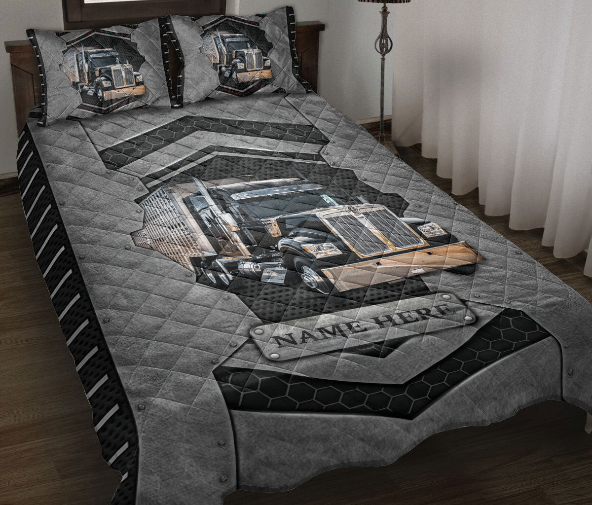 Personalized Trucker Quilt Bedding Set, Black Truck Trucker Carbon Stone Driver Quilt Blanket With Pillowcases, Custom Name Duvet Cover Set