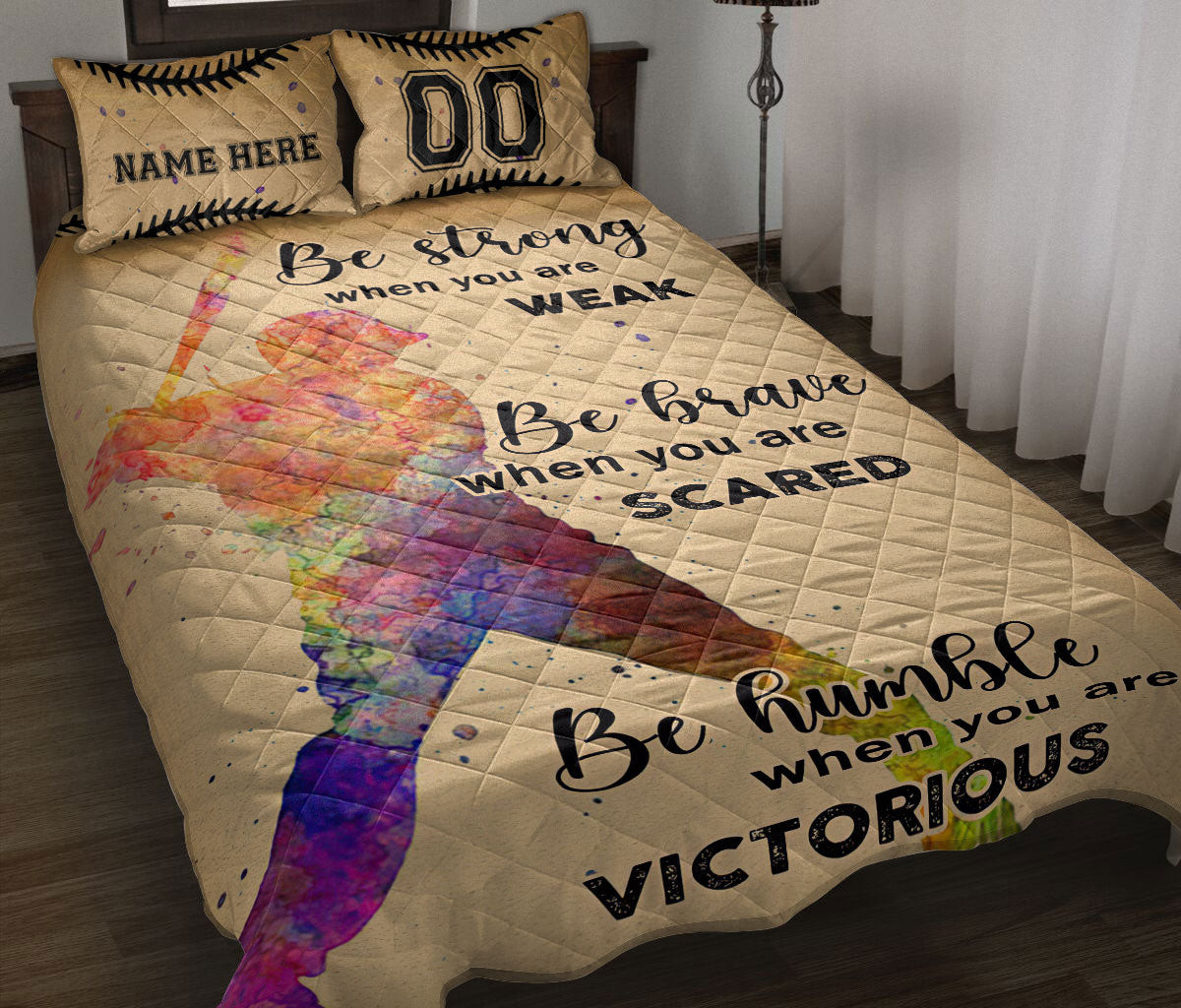 Personalized Baseball Quilt Bedding Set, Watercolor Batter Baseball Boy Men Player Quilt Blanket With Pillowcases, Duvet Cover Set
