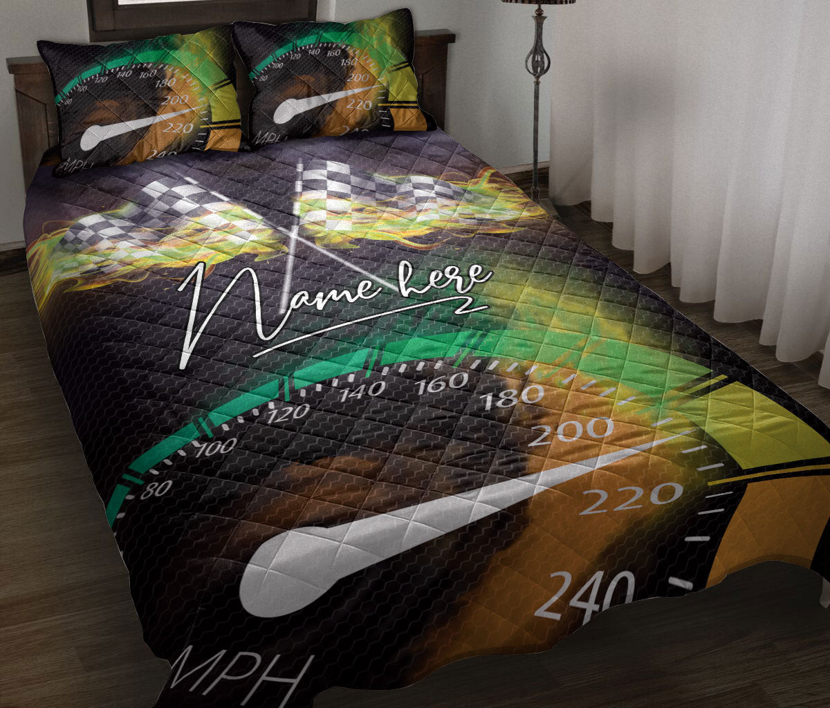 Personalized Racing Quilt Bedding Set, Speedometer Racing Racer Quilt Blanket With Pillowcases, Custom Name Duvet Cover Set