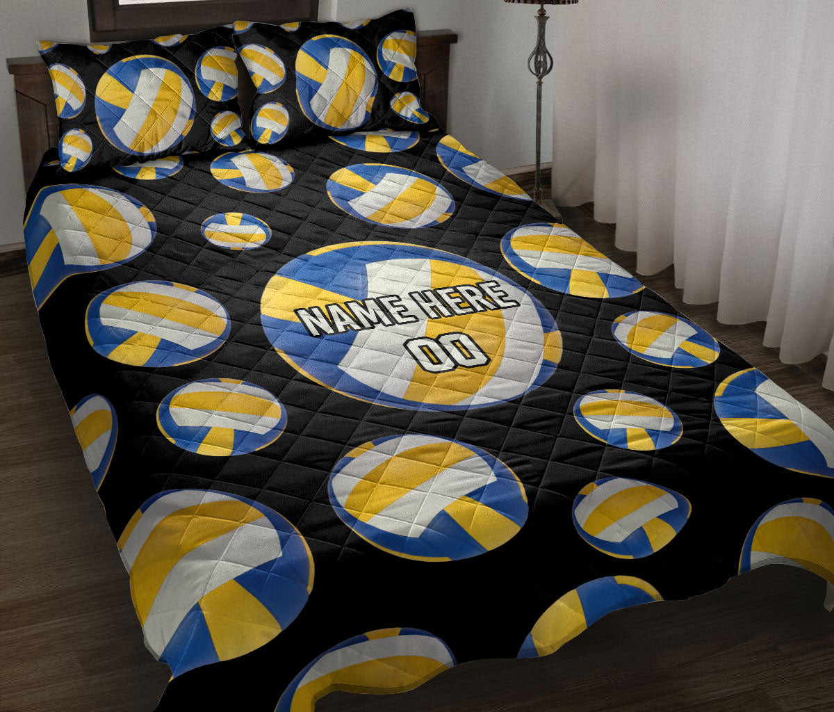 Personalized Volleyball Quilt Bedding Set, Volleyball Yellow Ball Quilt Blanket With Pillowcases, Custom Name Duvet Cover Set
