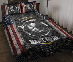 Personalized Fishing Quilt Bedding Set, Fishing Big Bass Fish US Flag Quilt Blanket With Pillowcases, Custom Name Duvet Cover Set