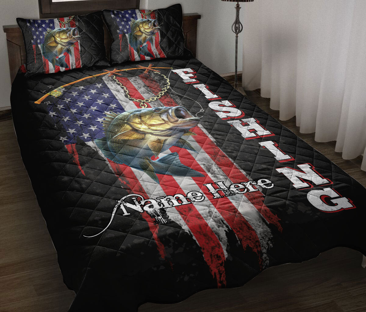 Personalized Fishing Quilt Bedding Set, Fishing Big Bass Fish US Flag Quilt Blanket With Pillowcases, Custom Name Duvet Cover Set
