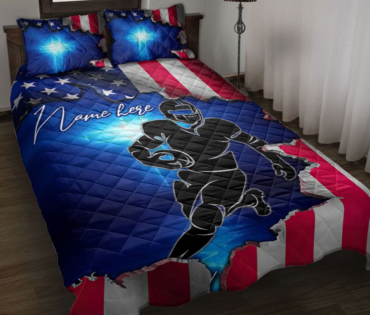 Personalized Football Quilt Bedding Set, America Football Player Blue JesusCross Quilt Blanket With Pillowcases, Duvet Cover Set