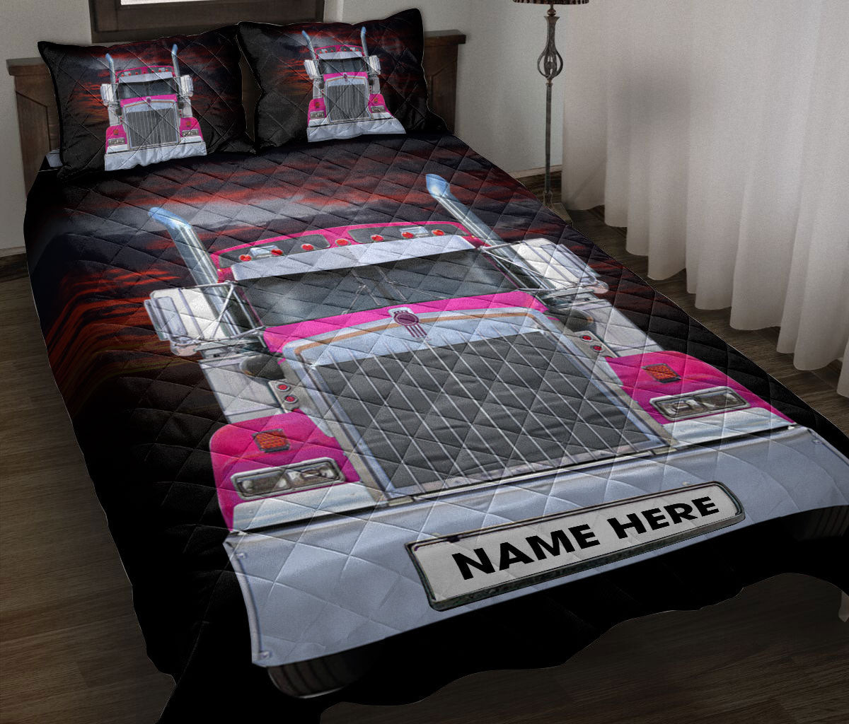 Personalized Trucker Quilt Bedding Set, Pink Truck Love Trucker Driver Quilt Blanket With Pillowcases, Custom Name Duvet Cover Set