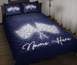 Personalized Racing Quilt Bedding Set, Racing Checkered Flags Neon Car Racing Quilt Blanket With Pillowcases, Custom Name Duvet Cover Set