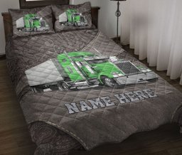 Personalized Trucker Quilt Bedding Set, Green Truck Trucker Driver Quilt Blanket With Pillowcases, Custom Name Duvet Cover Set
