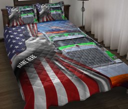 Personalized Trucker Quilt Bedding Set, Green Truck Trucker Driver Quilt Blanket With Pillowcases, Custom Name Duvet Cover Set