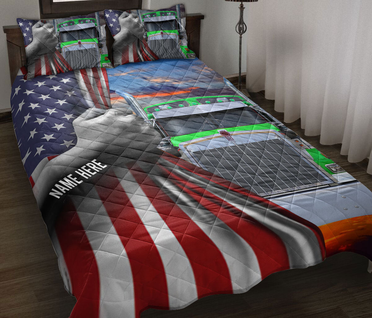 Personalized Trucker Quilt Bedding Set, Green Truck Trucker Driver Quilt Blanket With Pillowcases, Custom Name Duvet Cover Set