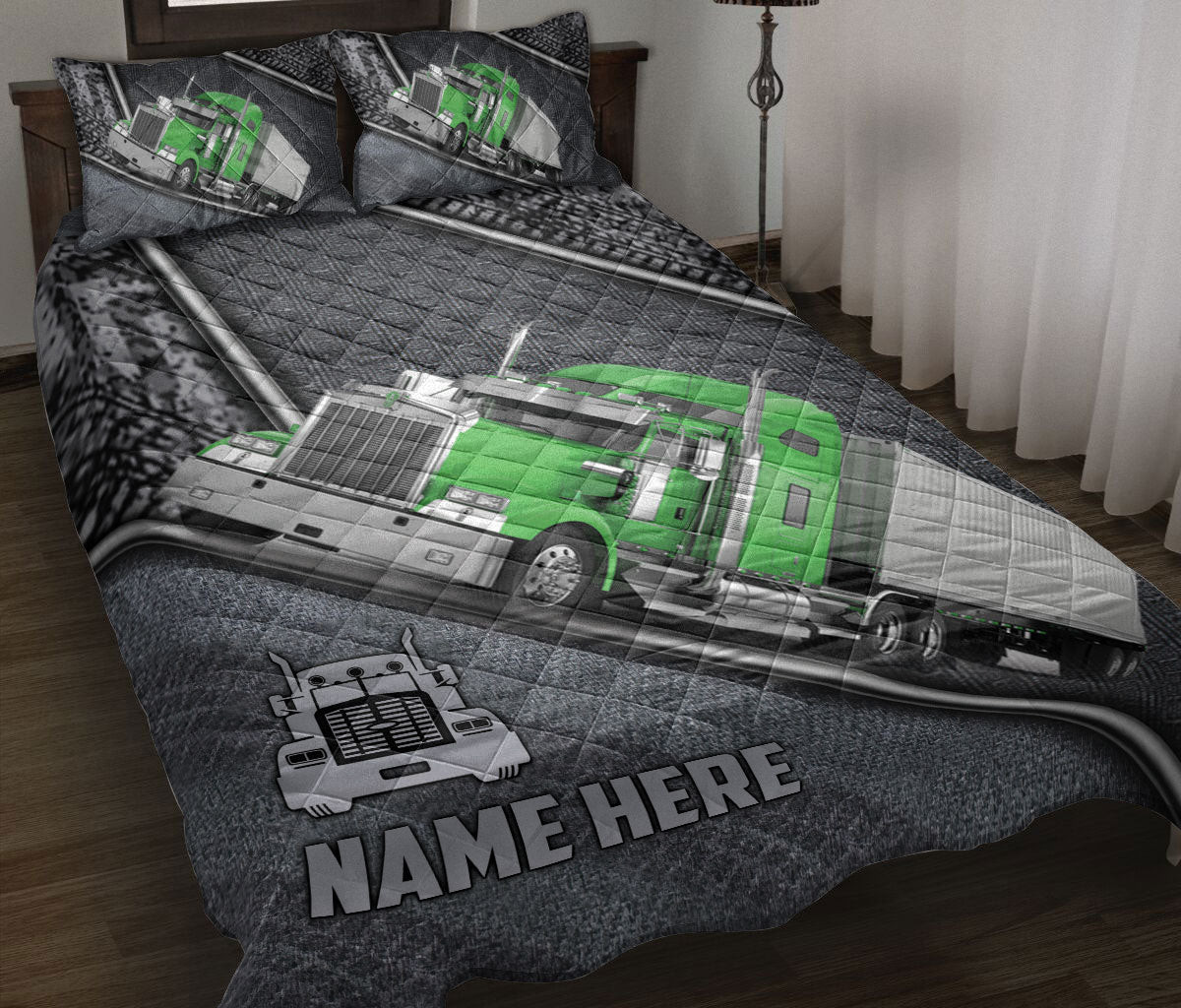 Personalized Trucker Quilt Bedding Set, Green Truck Gray Trucker Truck Driver Quilt Blanket With Pillowcases, Custom Name Duvet Cover Set