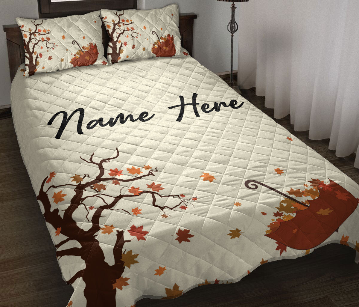 Personalized Quilt Bedding Set, Autumn Trees Fall Leaves Quilt Blanket With Pillowcases, Custom Name Duvet Cover Set, Autumn Gift