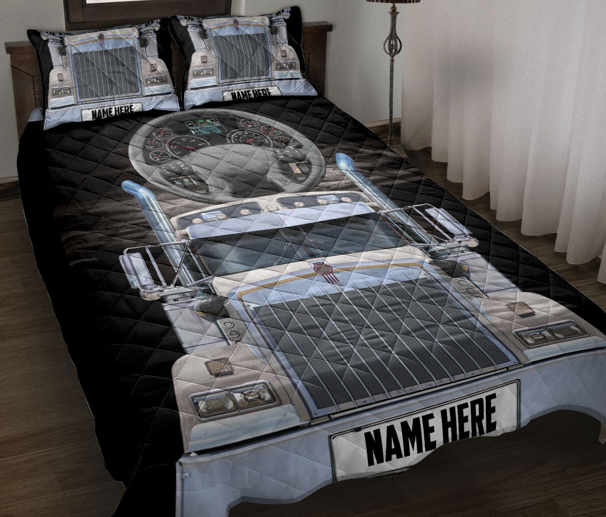 Personalized Trucker Quilt Bedding Set, Grey Trucker Truck Driver Quilt Blanket With Pillowcases, Custom Name Duvet Cover Set