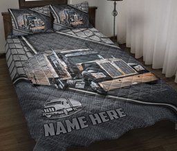Personalized Trucker Quilt Bedding Set, Black Truck Driver Trucker Silver Quilt Blanket With Pillowcases, Custom Name Duvet Cover Set