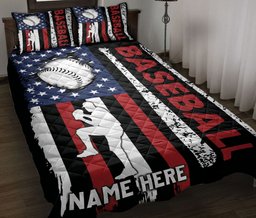 Personalized Baseball Quilt Bedding Set, Baseball Pitcher Player US Flag Usa Quilt Blanket With Pillowcases, Custom Name Duvet Cover Set, Sports Gifts