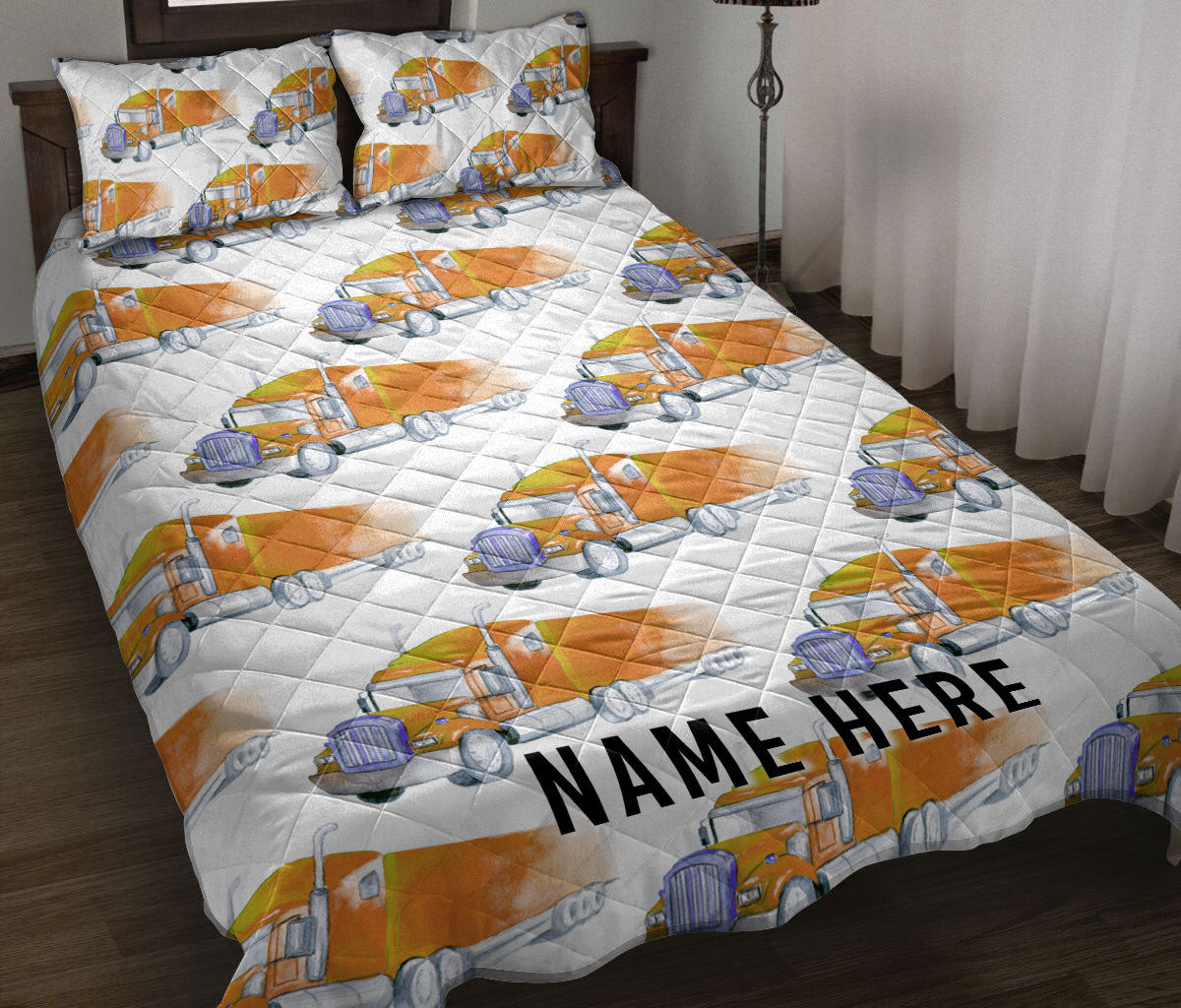 Personalized Trucker Quilt Bedding Set, Brown Truck Trucker Driver Quilt Blanket With Pillowcases, Custom Name Duvet Cover Set