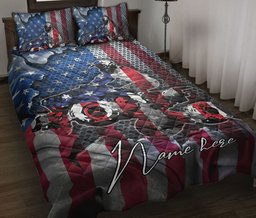 Personalized Motocross Quilt Bedding Set, US Flag Motorbike Motorcycle Motocross Quilt Blanket With Pillowcases, Custom Name Duvet Cover Set