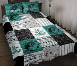 Personalized Fishing Quilt Bedding Set, Eat Sleep Fishing Patchwork Quilt Blanket With Pillowcases, Custom Name Duvet Cover Set