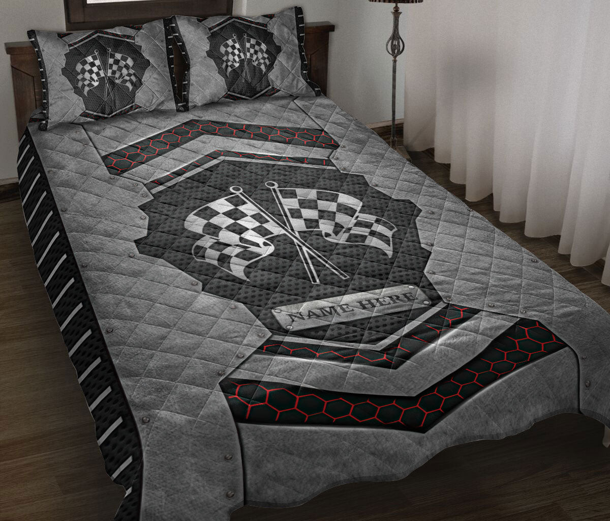Personalized Racing Quilt Bedding Set, Racing Checkered Carbon Stone Silver Quilt Blanket With Pillowcases, Custom Name Duvet Cover Set