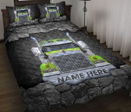 Personalized Trucker Quilt Bedding Set, Green Truck Trucker Driver Crack Quilt Blanket With Pillowcases, Custom Name Duvet Cover Set