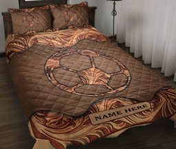 Personalized Soccer Quilt Bedding Set, Wood Soccer Sculptures Quilt Blanket With Pillowcases, Custom Name Duvet Cover Set