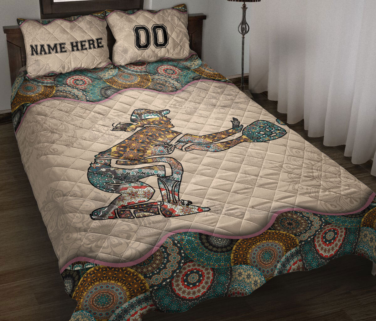 Personalized Softball Quilt Bedding Set, Baseball Sofftball Girl Catcher Mandala Quilt Blanket With Pillowcases, Duvet Cover Set