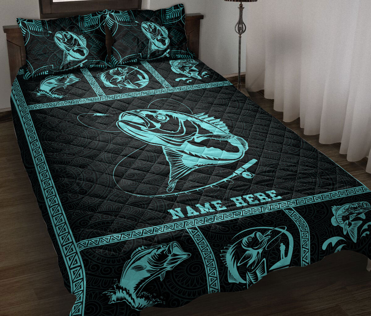 Personalized Fishing Quilt Bedding Set, Fishing Blue Patchwork Quilt Blanket With Pillowcases, Custom Name Duvet Cover Set