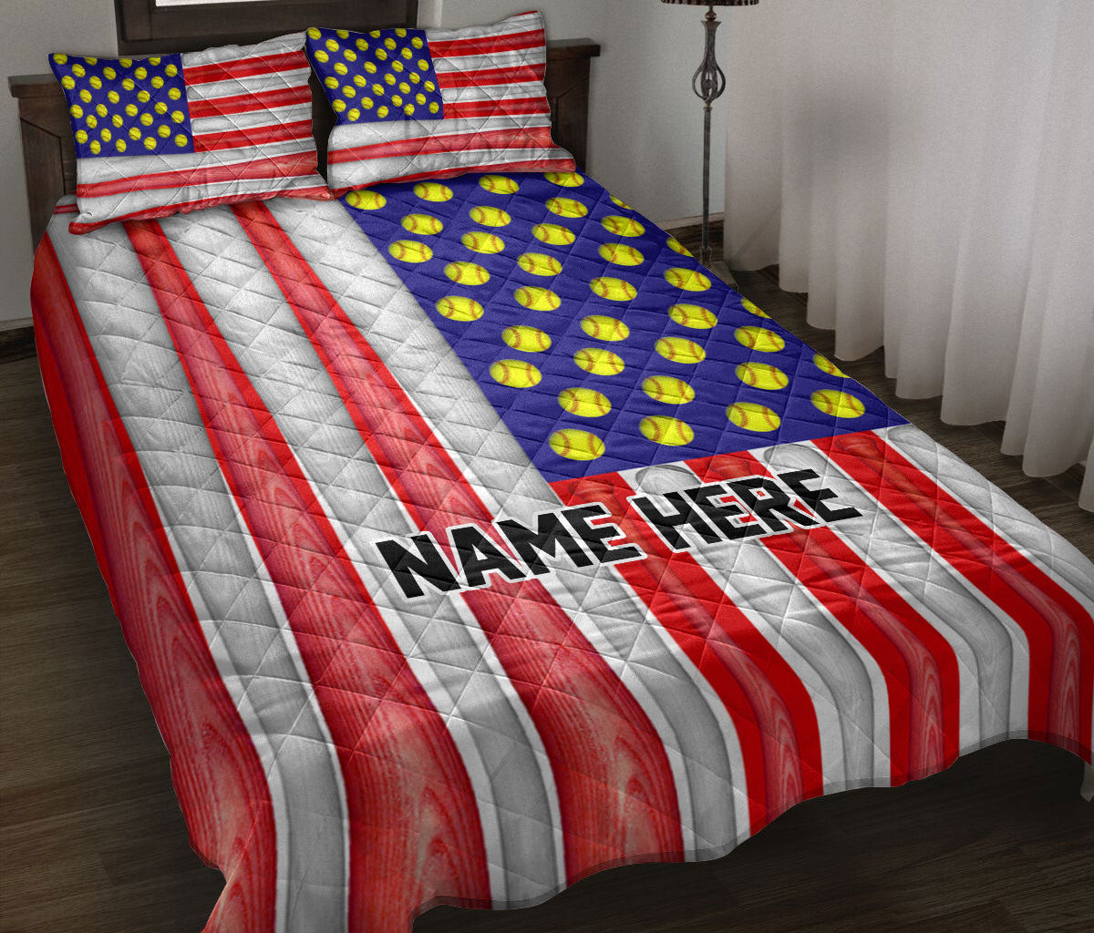 Personalized Softball Quilt Bedding Set, Softball American US Flag Quilt Blanket With Pillowcases, Custom Name Duvet Cover Set, July 4th Gift