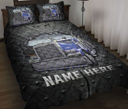 Personalized Trucker Quilt Bedding Set, Blue Truck Crack Trucker Quilt Blanket With Pillowcases, Custom Name Duvet Cover Set