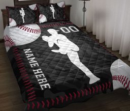 Personalized Baseball Quilt Bedding Set, Baseball Player Ball Black Quilt Blanket With Pillowcases, Custom Name Duvet Cover Set, Sports Gifts