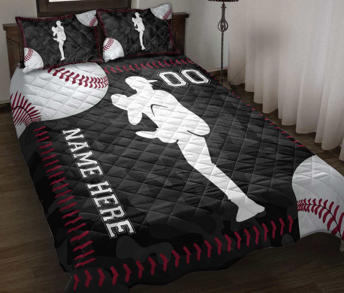 Personalized Baseball Quilt Bedding Set, Baseball Player Ball Black Quilt Blanket With Pillowcases, Custom Name Duvet Cover Set, Sports Gifts