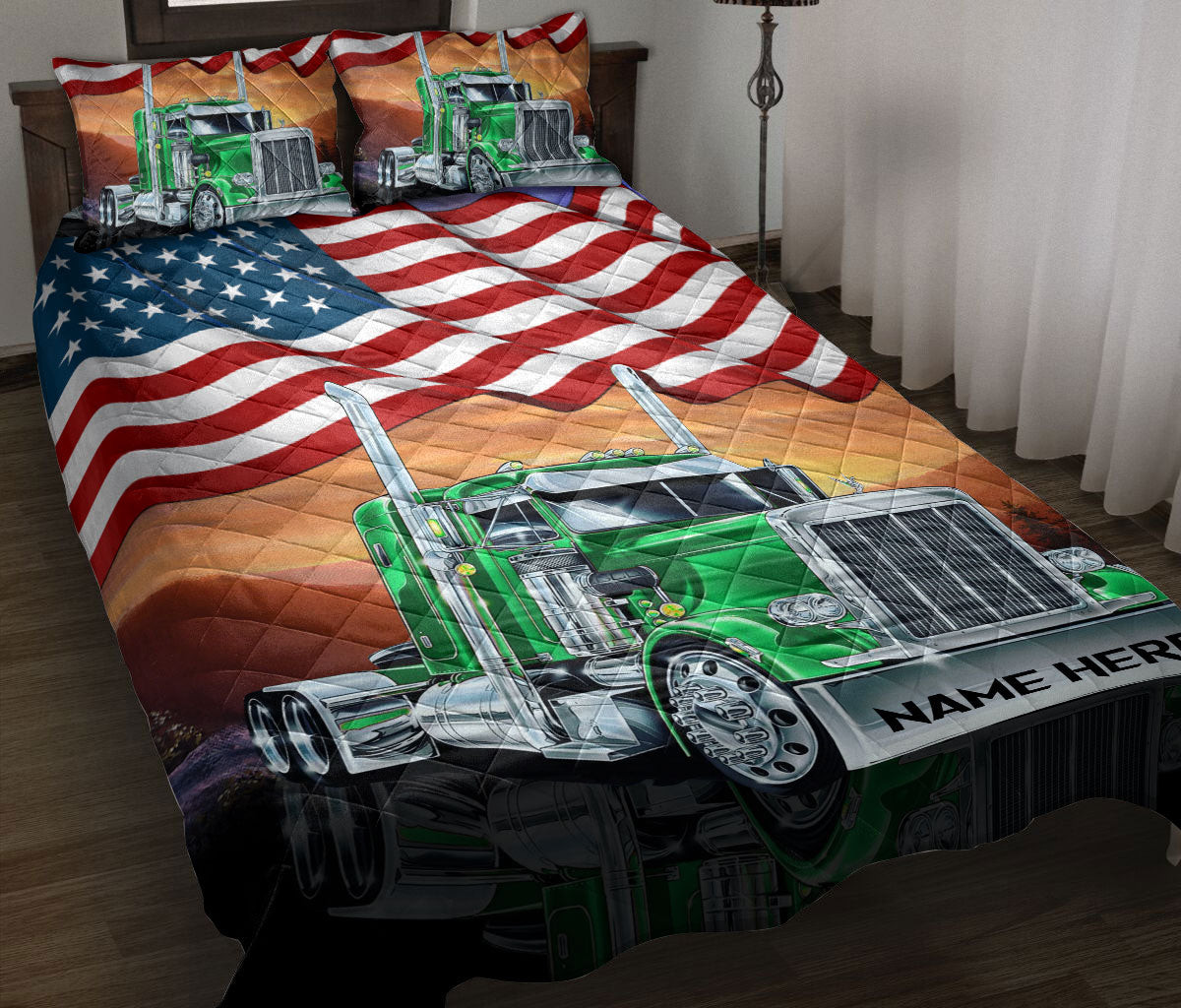 Personalized Trucker Quilt Bedding Set, Green Truck American US Flag Patriot Trucker Quilt Blanket With Pillowcases, Duvet Cover Set