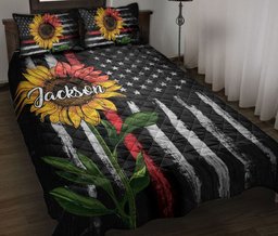 Personalized Firefighter Quilt Bedding Set, Firefighter Sunflower US Flag Quilt Blanket With Pillowcases, Custom Name Duvet Cover Set