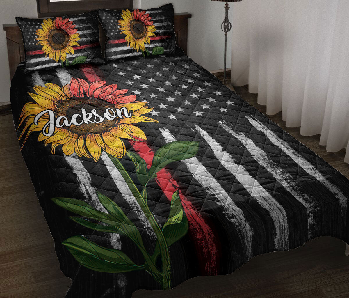 Personalized Firefighter Quilt Bedding Set, Firefighter Sunflower US Flag Quilt Blanket With Pillowcases, Custom Name Duvet Cover Set
