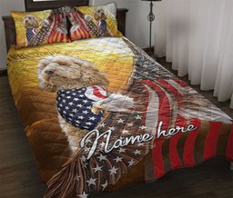 Personalized Goldendoodle Quilt Bedding Set, Golden Doodle Patriotic Dog American Eagle US Flag Quilt Blanket With Pillowcases, Duvet Cover Set