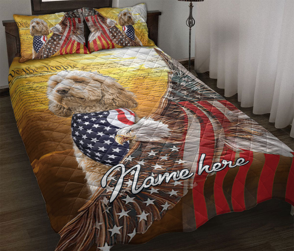 Personalized Goldendoodle Quilt Bedding Set, Golden Doodle Patriotic Dog American Eagle US Flag Quilt Blanket With Pillowcases, Duvet Cover Set