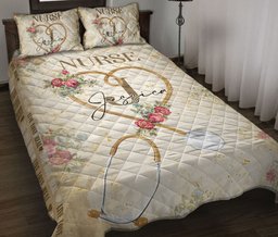 Personalized Nurse Quilt Bedding Set, Nurse Scrub Flower Floral Quilt Blanket With Pillowcases, Custom Name Duvet Cover Set