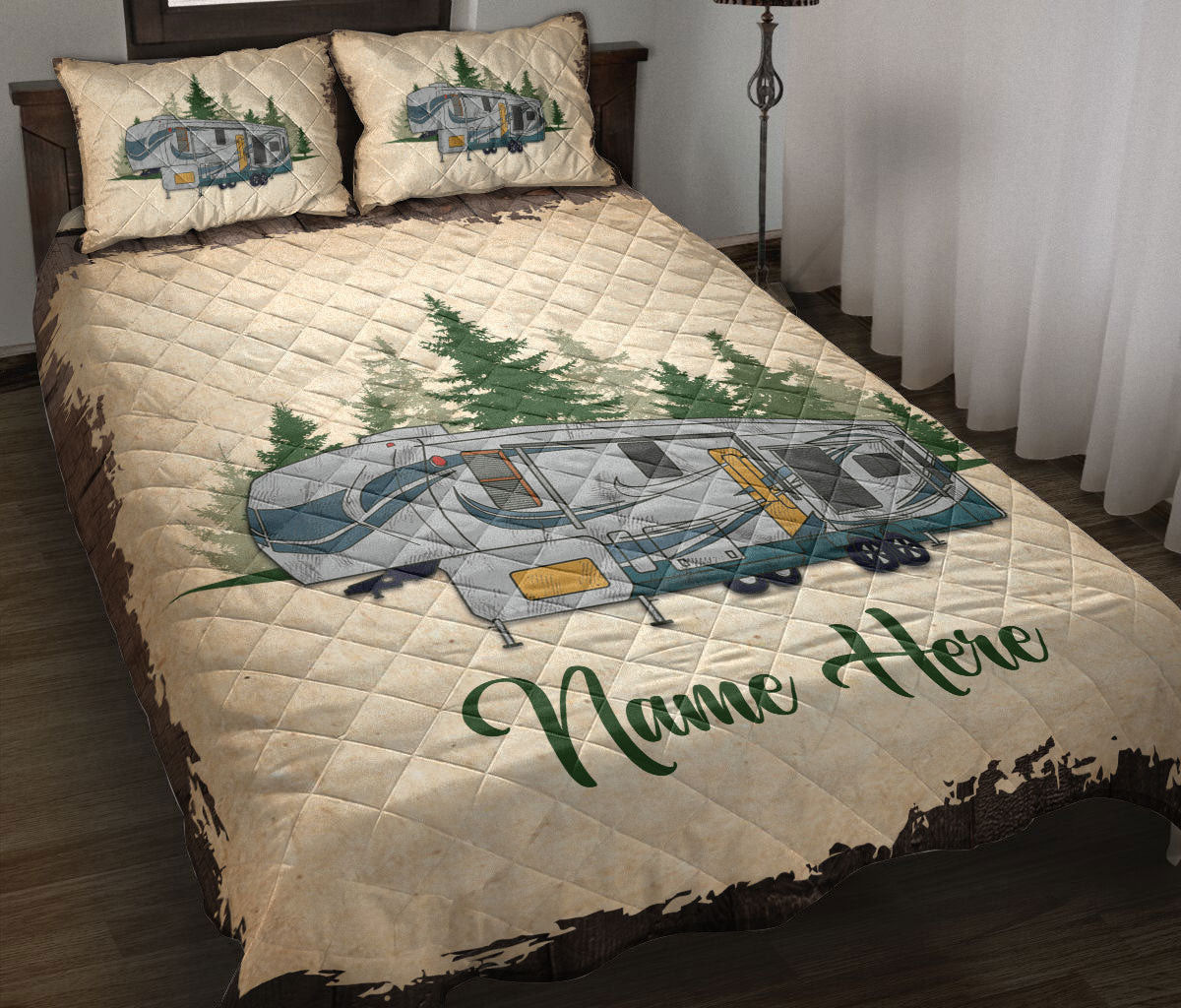 Personalized Camping Quilt Bedding Set, Camping Camper 5Th Wheel Rvs Quilt Blanket With Pillowcases, Custom Name Duvet Cover Set