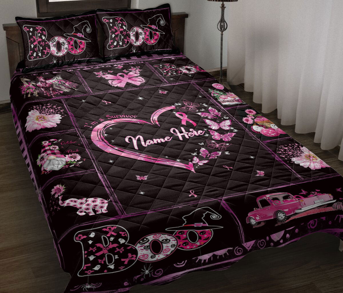 Personalized Breast Cancer Quilt Bedding Set, Breast Cancer Awareness Survivor Get Well Soon Quilt Blanket With Pillowcases, Duvet Cover Set