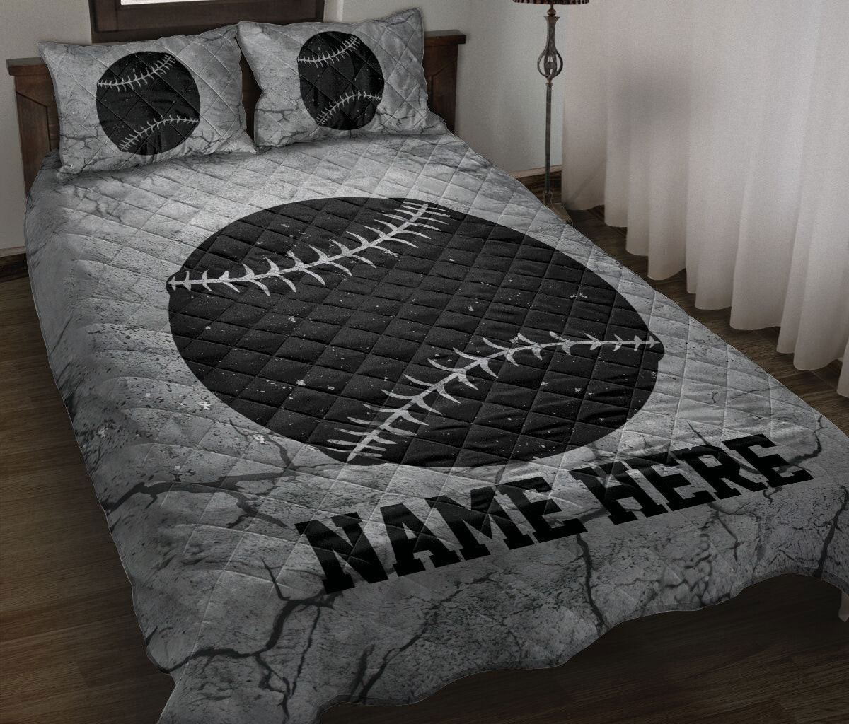 Personalized Softball Quilt Bedding Set, Softball Ball Crack Gray Quilt Blanket With Pillowcases, Custom Name Duvet Cover Set