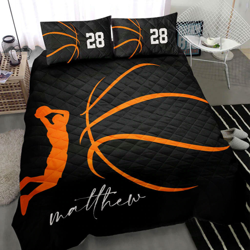 Personalized Basketball Quilt Bedding Set, Basketball Paler Posing Simple Black Quilt Blanket With Pillowcases, Duvet Cover Set
