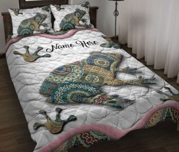 Personalized Frog Quilt Bedding Set, Frog Mandala Floral Quilt Blanket With Pillowcases, Custom Name Duvet Cover Set