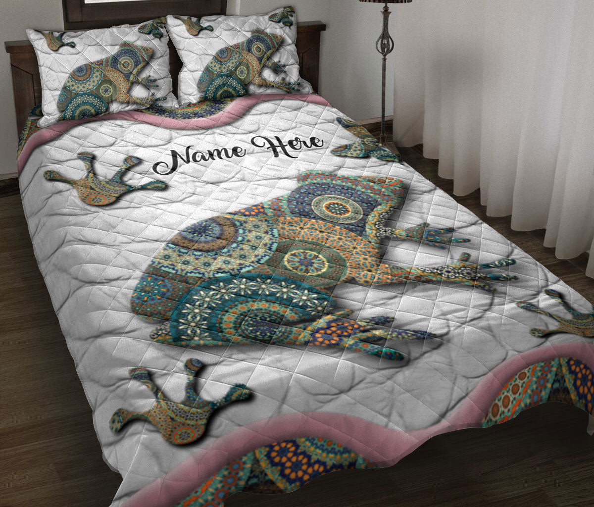 Personalized Frog Quilt Bedding Set, Frog Mandala Floral Quilt Blanket With Pillowcases, Custom Name Duvet Cover Set