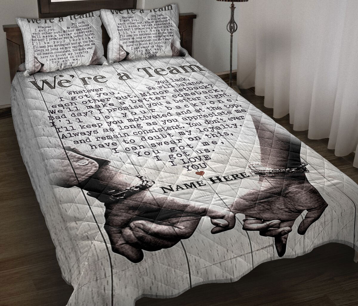 Personalized Couple Quilt Bedding Set, We'Re A Team Hand Couple Husband & Wife Quilt Blanket With Pillowcases, Custom Name Duvet Cover Set