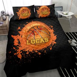 Personalized Basketball Quilt Bedding Set, Basketball Ball Watercolor Black Quilt Blanket With Pillowcases, Duvet Cover Set